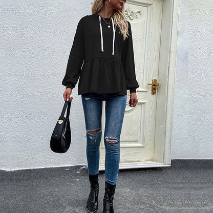 Women’s Hoodie – Relaxed Fit – Soft Knit – Ruffle Hem – Drawstring Neckline – Long Sleeve