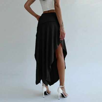 Women’s Midi Skirt – Satin Feel – Ruched Waist – Asymmetrical Hem – Draped Fit