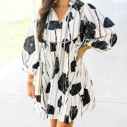 Women’s Short Dress – Cotton Blend – Puff Sleeve – V-Neck – Cinched Waist – Floral Print