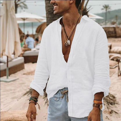 Men’s Long Sleeve Shirt – Relaxed Fit – Deep V-Neck – Natural Fibers – Casual Style