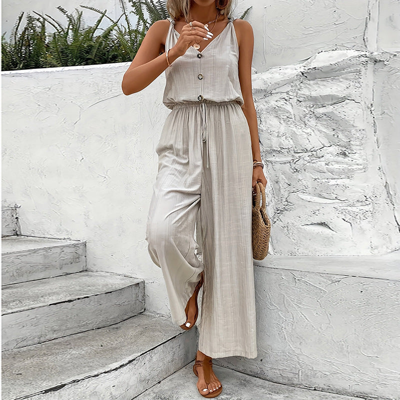 Women’s Jumpsuit – Cotton Blend – Relaxed Fit – Sleeveless Wide Leg – Button Front