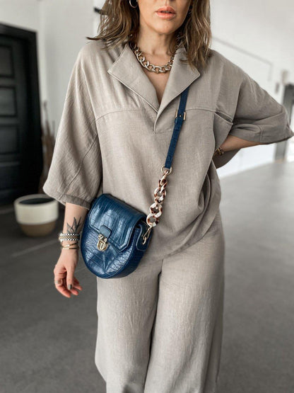 Women’s Two-Piece Set – Relaxed Fit – V-Neck Top – Wide-Leg High-Waisted Pants