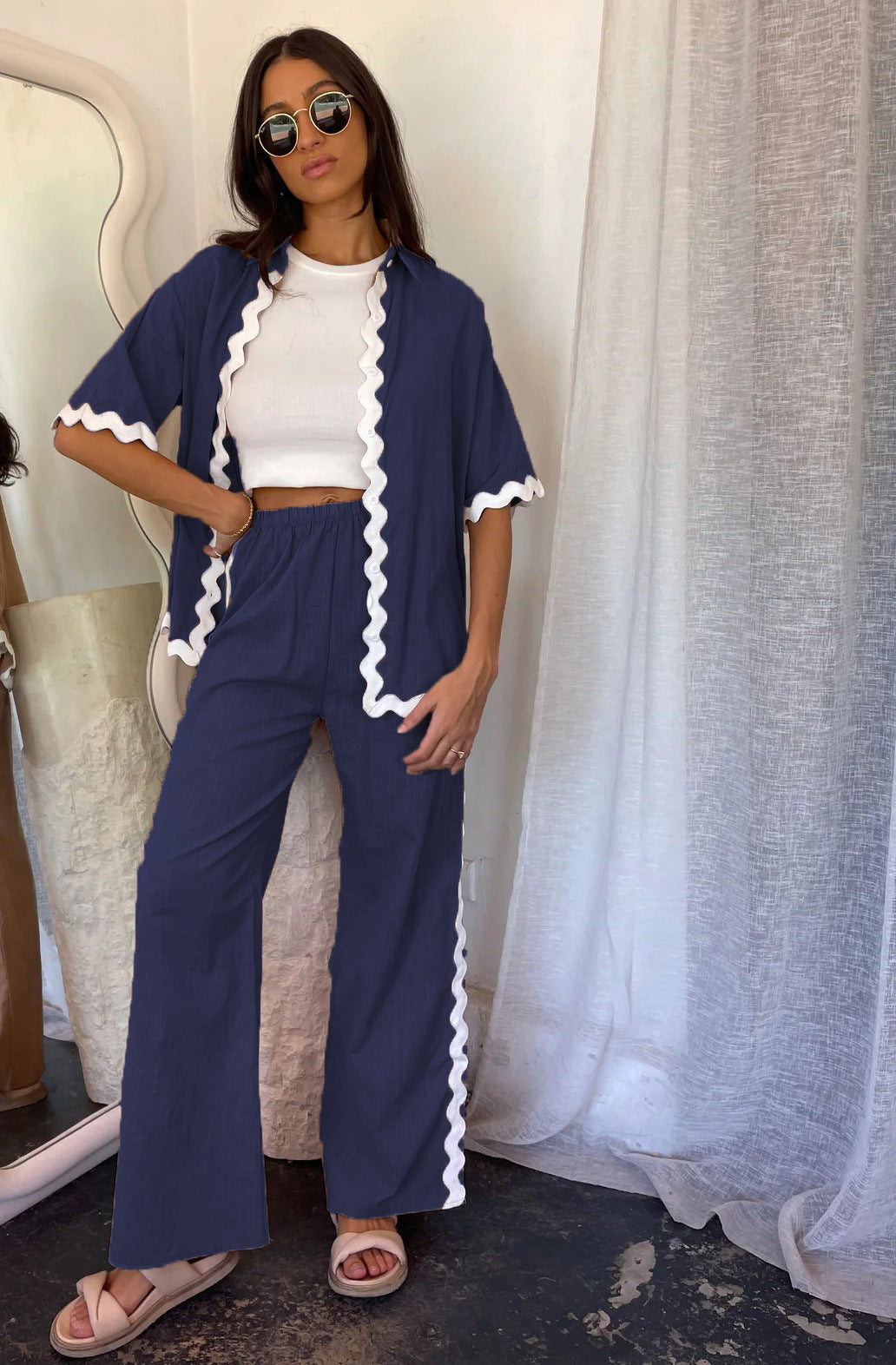 Women’s Two-Piece Set – Lightweight Cotton – Loose Fit – Scalloped Open Front