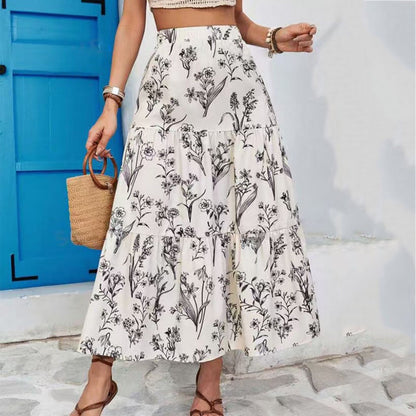 Women’s Midi Skirt – Tiered Flowy Fit – Elastic Waist – Lightweight Floral Print