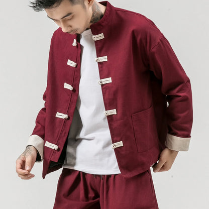 Men’s Casual Jacket – Cotton – Relaxed Fit – Chinese Frog Buttons – Stand Collar