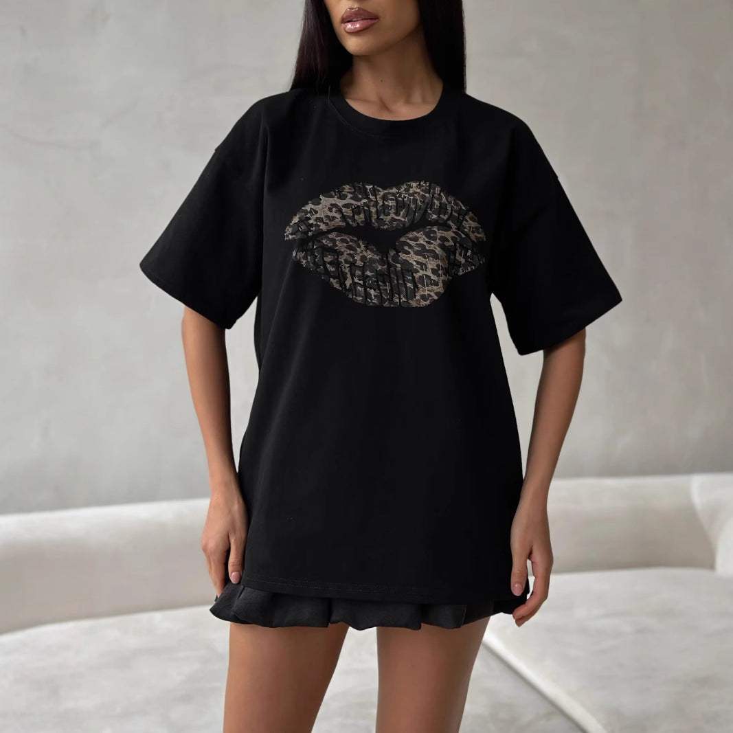 Women’s Graphic T-Shirt – Loose Fit – Cotton Blend – Leopard Lips Print – Casual Wear