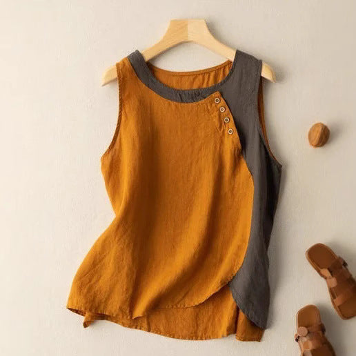 Women’s Sleeveless Top – Relaxed Fit – Asymmetrical Hem – Button Accent – Natural Fibers