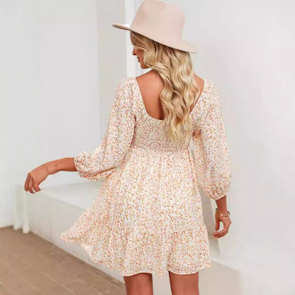 Women’s A-Line Dress – Cotton Blend – Smocked Bodice – Short Sleeve – Floral Print