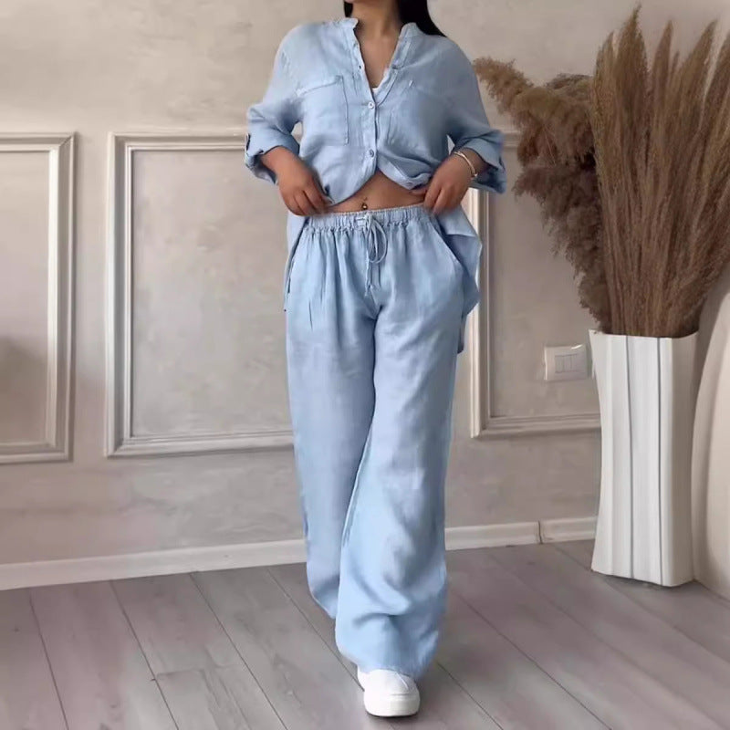 Women’s Shirt and Pants Set – Linen Blend – Relaxed Fit – Wide Leg – Button Down Top