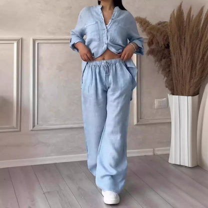 Women’s Shirt and Pants Set – Linen Blend – Relaxed Fit – Wide Leg – Button Down Top