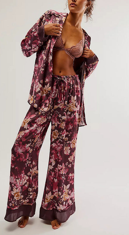 Women’s Pajama Set – Relaxed Fit – Button-Up Top – Wide-Leg Printed Pants
