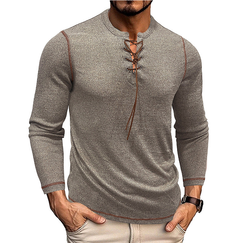 Men’s Long Sleeve Shirt – Slim Fit – Knit Texture – Lace-Up Neckline – Casual Style