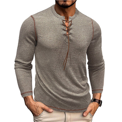 Men’s Long Sleeve Shirt – Slim Fit – Knit Texture – Lace-Up Neckline – Casual Style