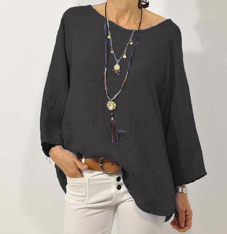 Women’s Top – Cotton Linen Blend – Relaxed Fit – 3/4 Raglan Sleeve – Asymmetrical Hem