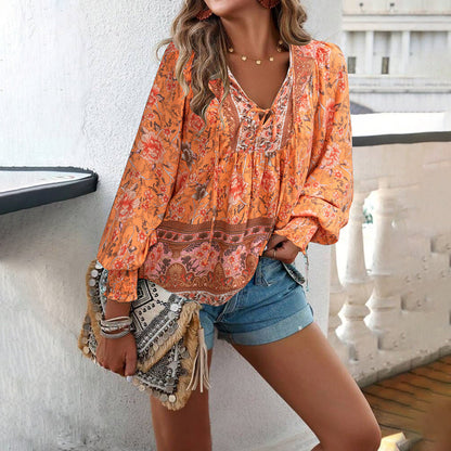 Women’s Blouse – Relaxed Fit – Tie Neck – Long Sleeve – Boho Floral Print