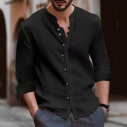 Men’s Long Sleeve Shirt – Relaxed Fit – Band Collar – Breathable Natural Fibers – Button Up