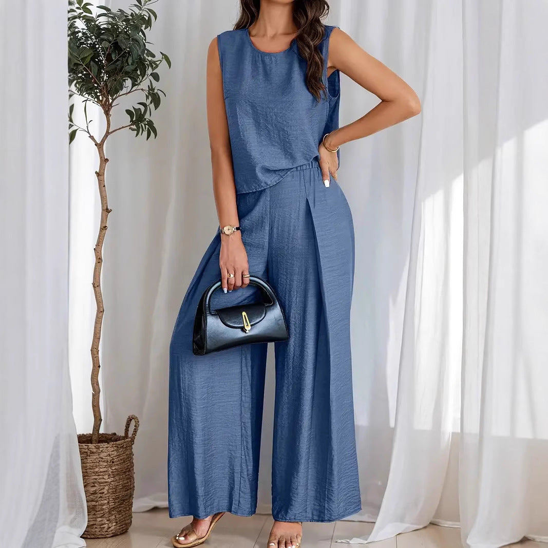 Women’s Wide-Leg Pants – High Waist – Pleated Front – Elastic Waist – Full Length