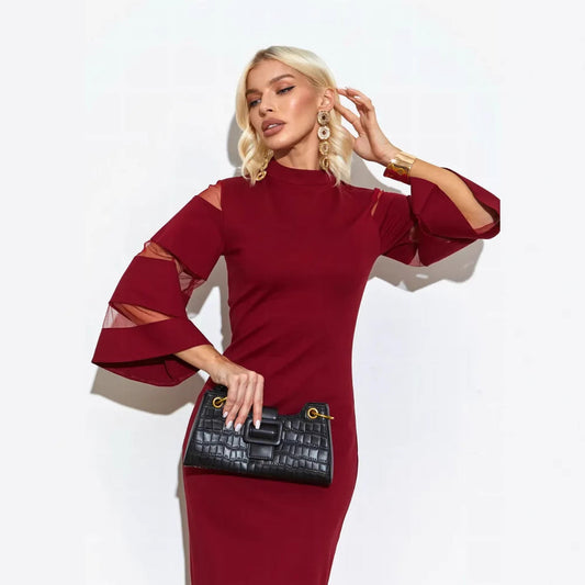 Women’s Midi Dress – Slim Fit Pencil Silhouette – Bell Sleeve – Sheer Panel – Side Slit