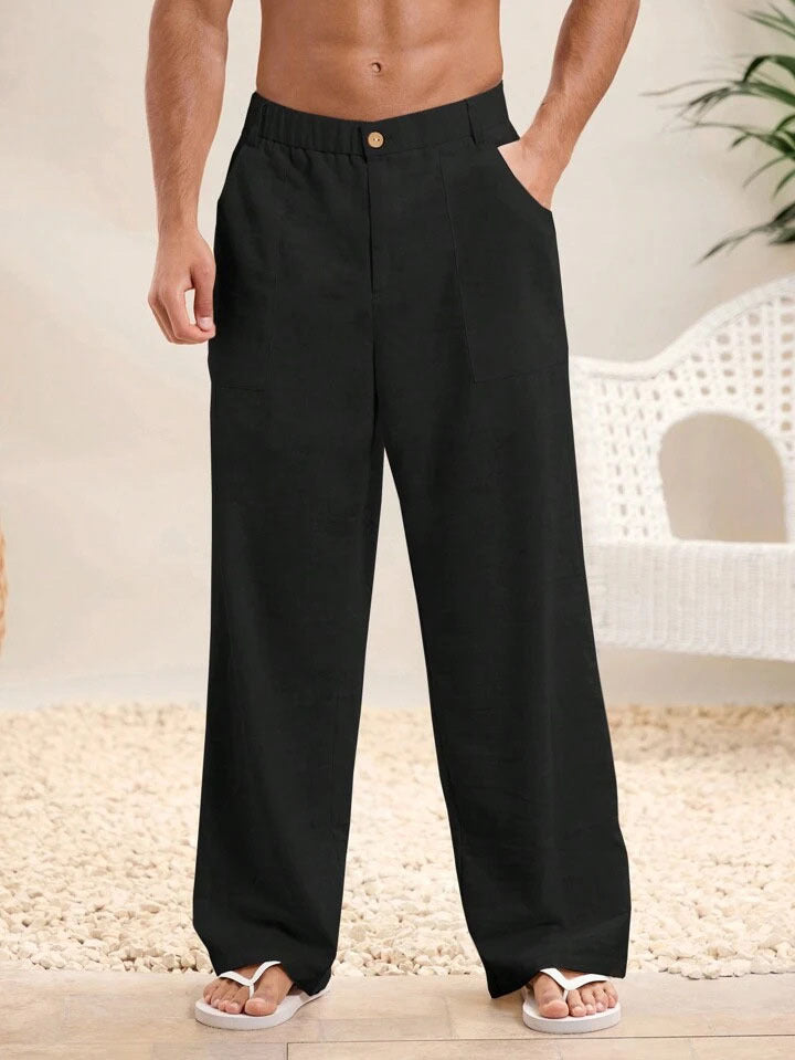 Men’s Casual Trousers – Cotton Linen Blend – Relaxed Fit – Elastic Waist – Full Length