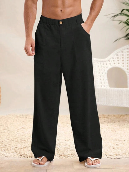 Men’s Casual Trousers – Cotton Linen Blend – Relaxed Fit – Elastic Waist – Full Length