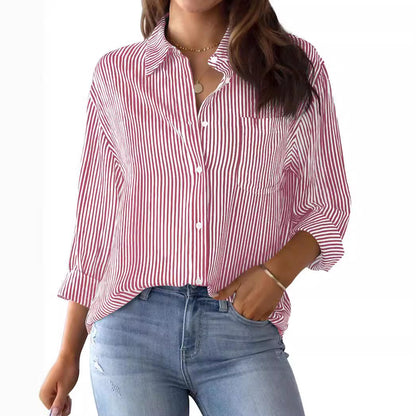 Women’s Button-Down Blouse - Cotton - Relaxed Fit - Classic Pinstripe