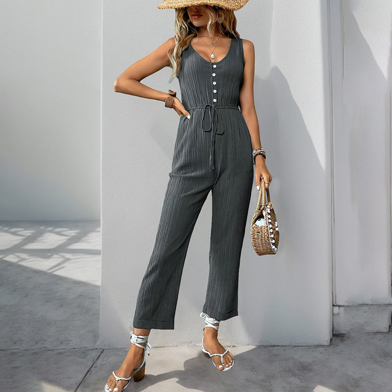 Women’s Jumpsuit – Textured Fabric – Sleeveless V-Neck – Relaxed Fit – Belted Waist