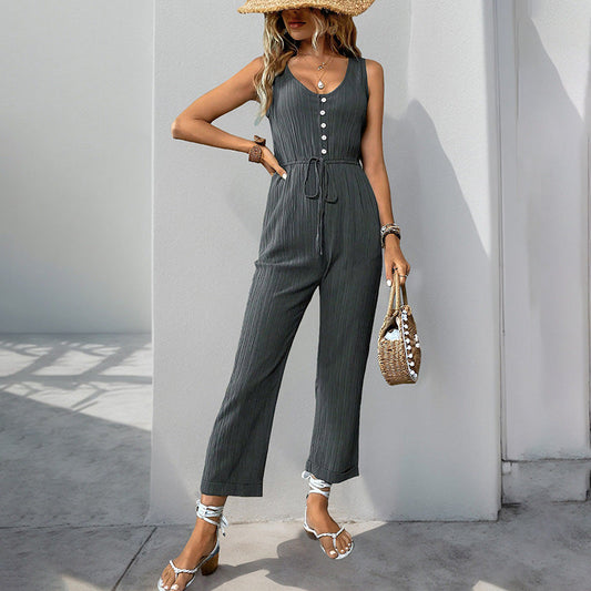 Women’s Jumpsuit – Textured Fabric – Sleeveless V-Neck – Relaxed Fit – Belted Waist