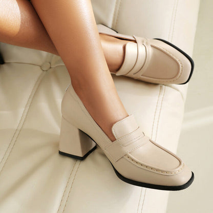 Women’s Loafer Shoes – Structured Fit – Square Toe – Mid Block Heel – Slip-On Style