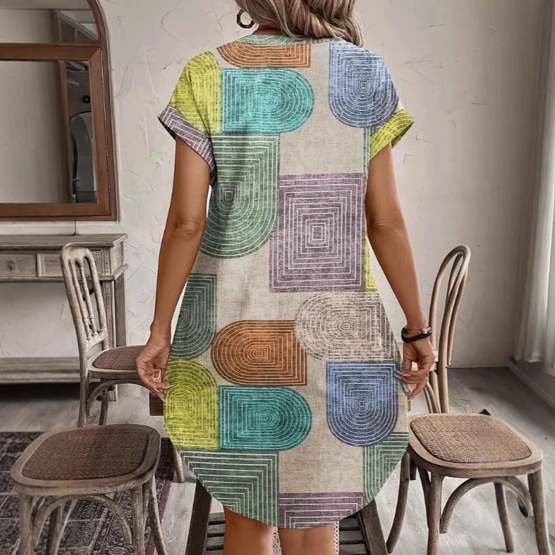 Women’s Midi Dress – Geometric Print – Button Down – Relaxed Fit – Breathable Blend