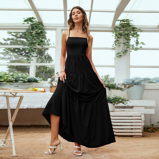 Women’s Evening Gown – Satin Look – Tiered Skirt – Backless – Spaghetti Straps