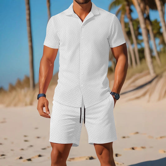 Men’s Shirt and Shorts Set – Slim Fit – Embossed Texture – Lightweight Cotton Blend