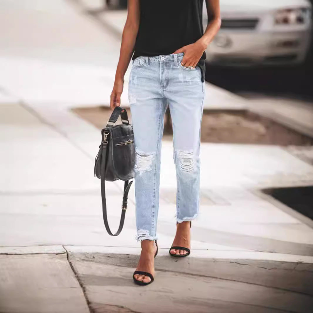 Women’s Denim Trousers – Relaxed Fit – Distressed Straight Leg – Full Length Casual