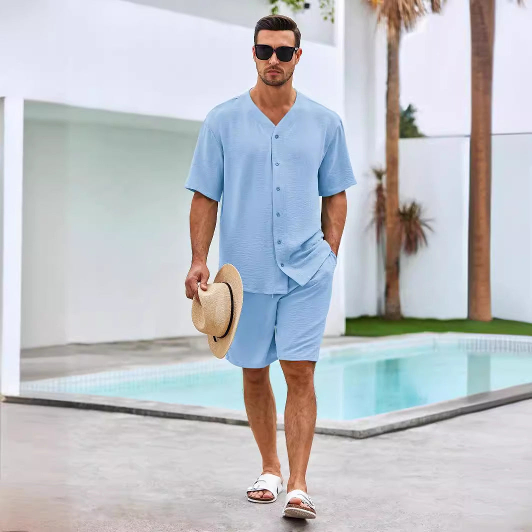 Men’s Two-Piece Set – Cotton Relaxed Fit V-Neck Shirt and Elastic Waist Shorts