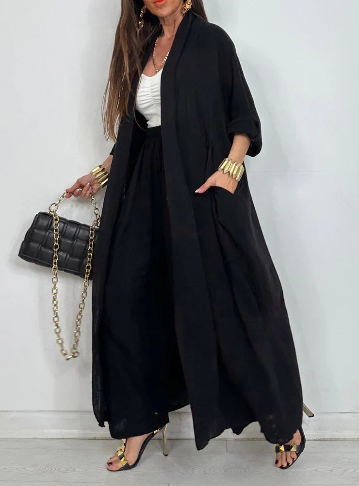 Women’s Two-Piece Set - Long Jacket - Relaxed Fit - Full Length - Wide-Leg Pants - With Pockets