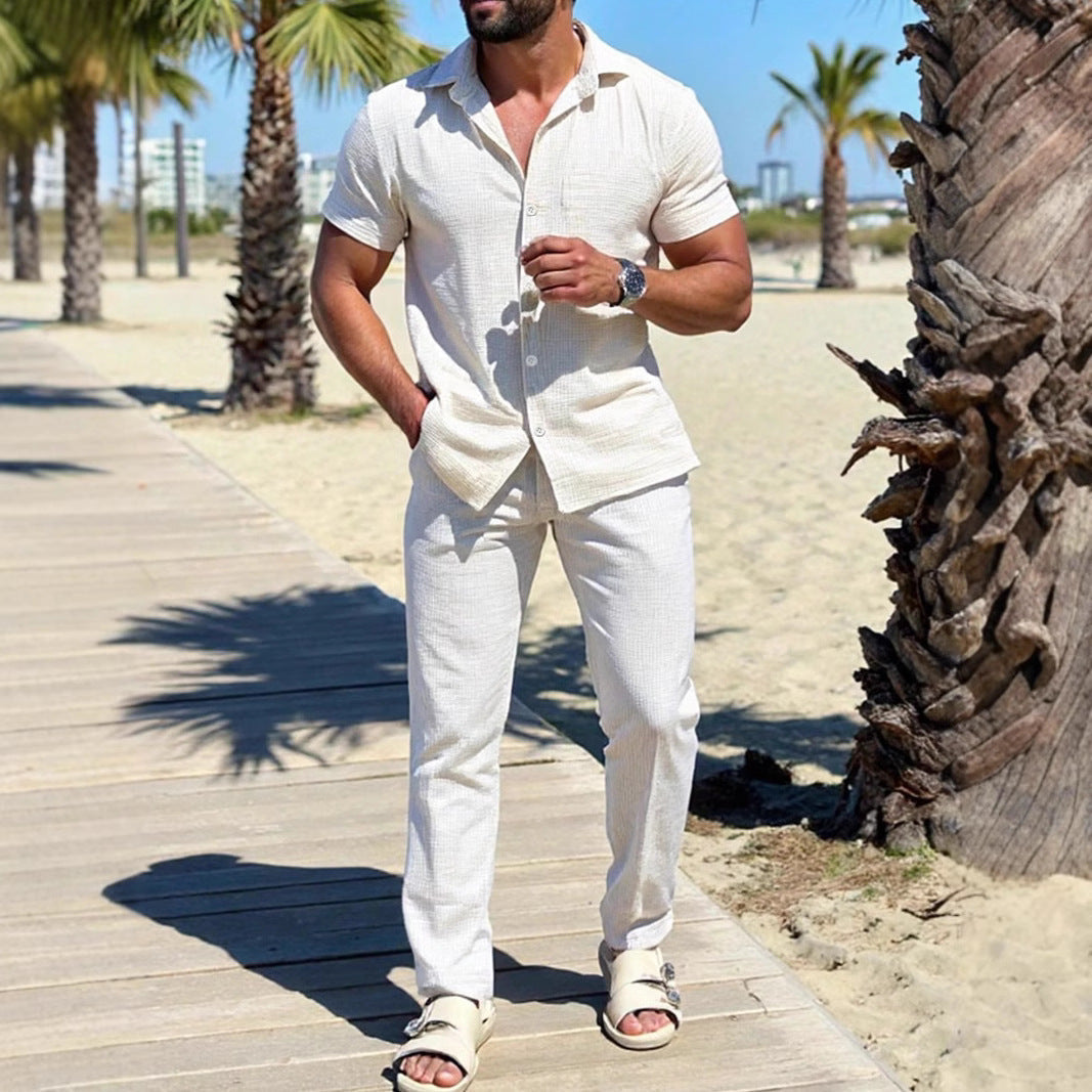 Men’s Shirt and Pants Set – Lightweight Cotton – Relaxed Fit – Short Sleeve Casual