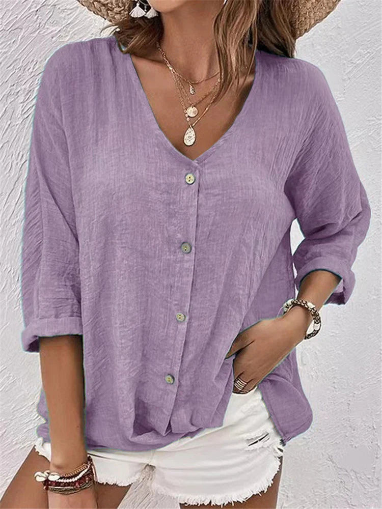 Women’s Blouse – Linnen – Relaxed Fit – V-Neck – Button-Down – 3/4 Rolled Sleeve