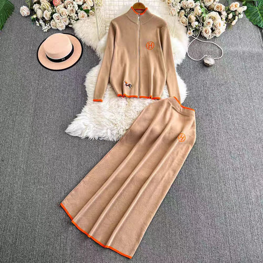 Women’s Knit Cardigan Set – Wool Blend – Embroidered – Zipper Front – Pleated Skirt
