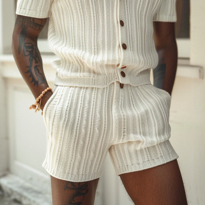 Men’s Knit Shirt and Shorts Set – Slim Fit – Button-Up – Polo Collar – Elastic Waist