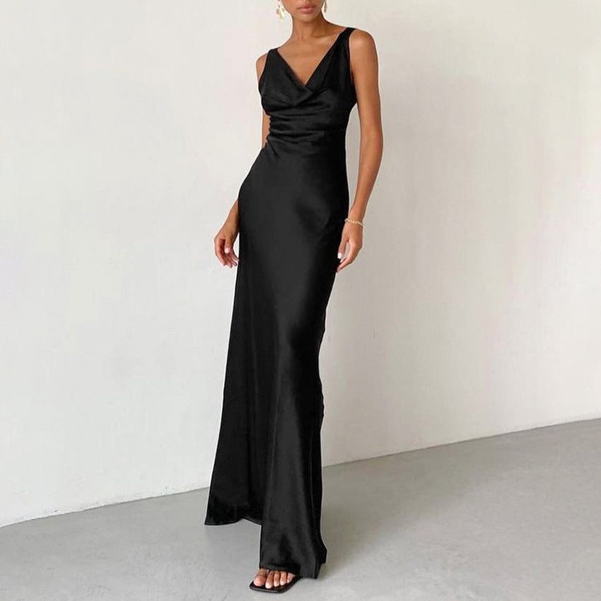 Women’s Evening Gown – Satin – Slim Fit – Draped Neck – Spaghetti Straps – Floor-Length