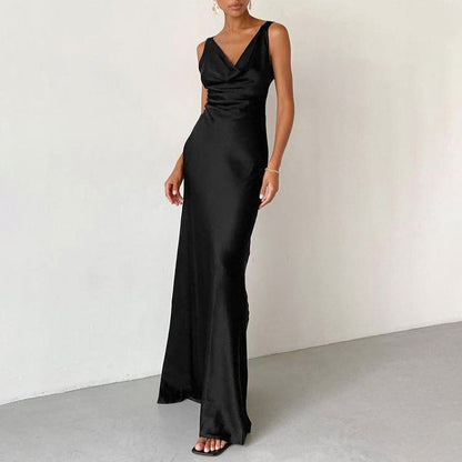 Women’s Evening Gown – Satin – Slim Fit – Draped Neck – Spaghetti Straps – Floor-Length