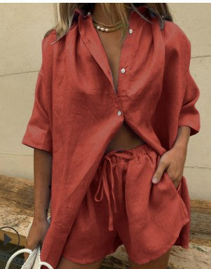 Women’s Two-Piece Set – Linen Blend – Relaxed Fit Shirt – High-Waisted Drawstring Shorts