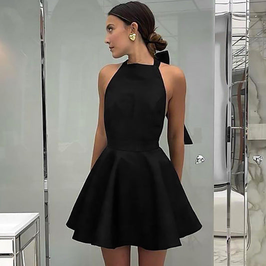 Women’s Halter Neck Dress – Satin Feel – Backless A-Line – High Waist Mini Cocktail