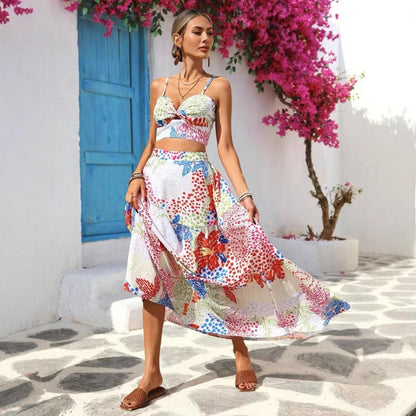 Women’s Two-Piece Set – Sleeveless Crop Top – Tiered A-Line Skirt – Breathable Fabric