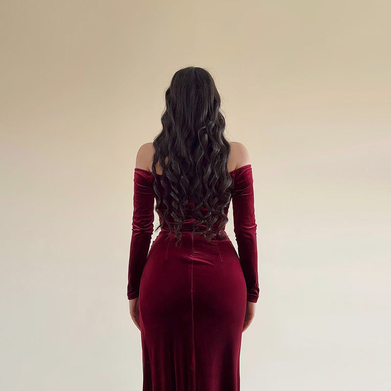 Women’s Long Dress – Velvet – Off Shoulder – Crossover Bust – High Slit Ruched Fit