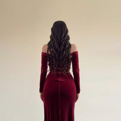 Women’s Long Dress – Velvet – Off Shoulder – Crossover Bust – High Slit Ruched Fit