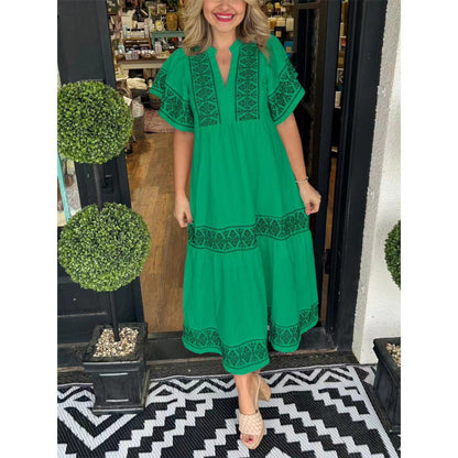 Women’s Midi Dress – Relaxed Fit – V-Neck – Printed Trim – Pleated Hem – Cotton Feel