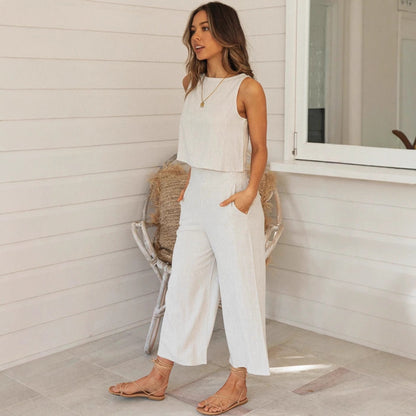 Women’s Lounge Set – Sleeveless Crop Top – Wide Leg Pants – Lightweight Relaxed Fit