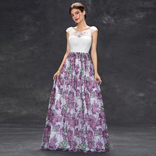 Women’s Maxi Dress – A-Line Fit – Lace Bodice – Sheer Floral Skirt – Formal Wear