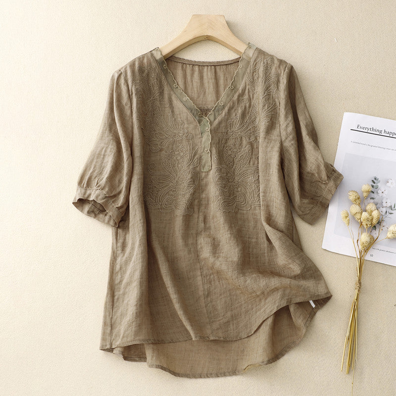 Women’s Short Sleeve Shirt – Loose Fit – V-Neck Embroidered – Breathable Blend