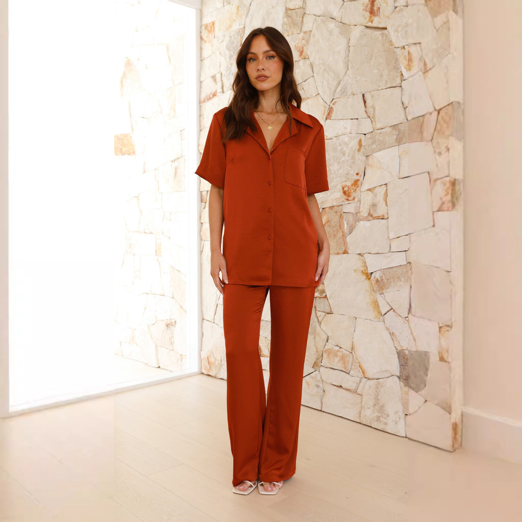 Women’s Pajama Set – Silky Relaxed Fit – Button-Down Top – Full-Length Pants